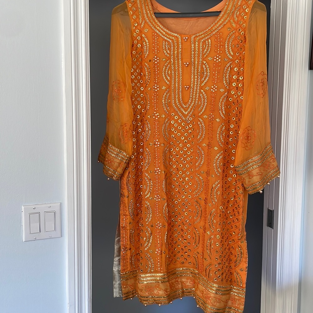 Pakistani style outfit with a fully embroidered shirt and crop pants and chunni